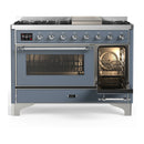 ILVE Majestic III 48-inch Dual Fuel Range with 5 Natural Gas Burner, Griddle and Triple Glass Door Electric Oven in Blue Grey with Chrome Trim (UM48FNR3BGC)