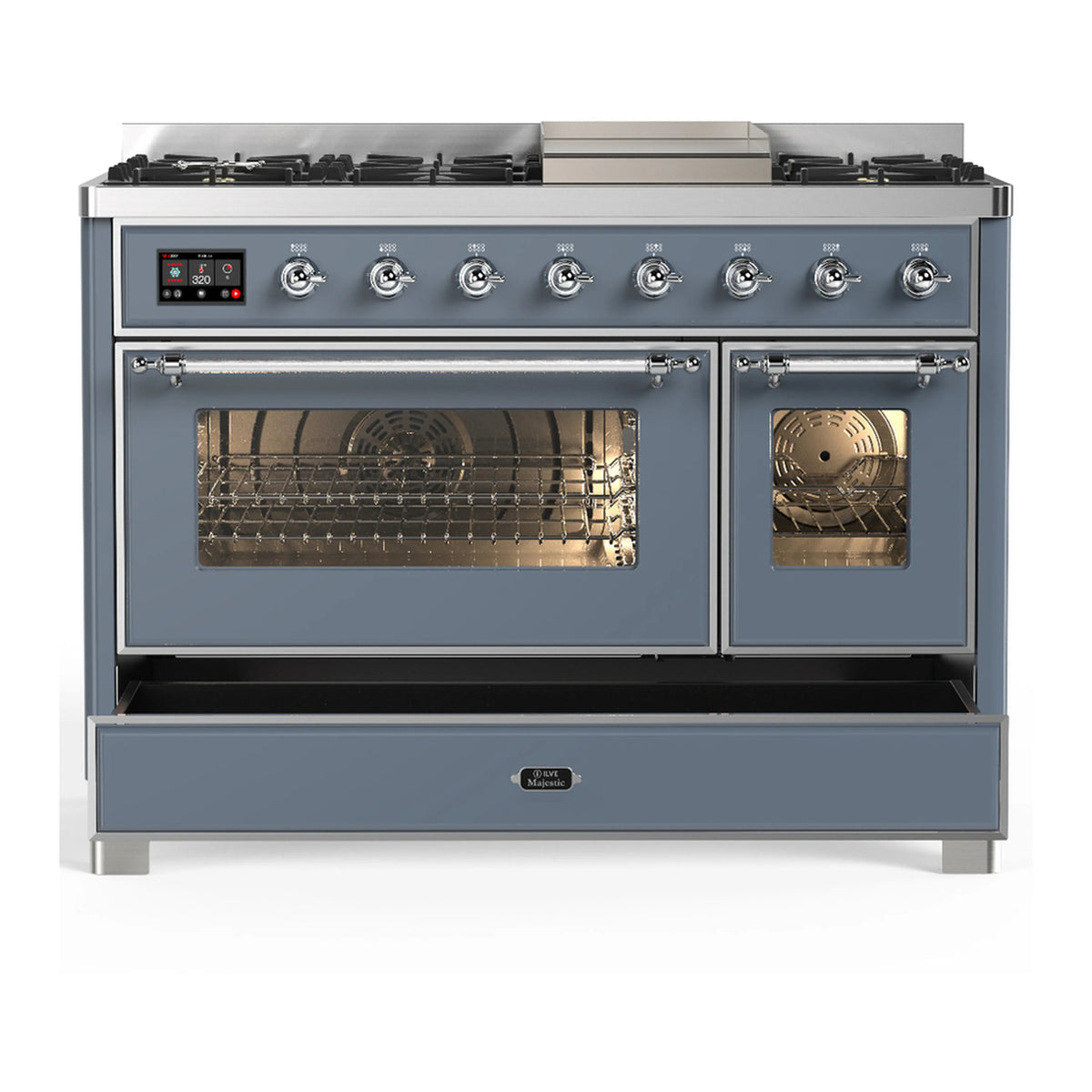 Blue grey dual fuel range with chrome trim, oven doors open and interior racks
