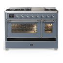 ILVE Majestic III 48-inch Dual Fuel Range with 5 Natural Gas Burner, Griddle and Triple Glass Door Electric Oven in Blue Grey with Chrome Trim (UM48FNR3BGC)