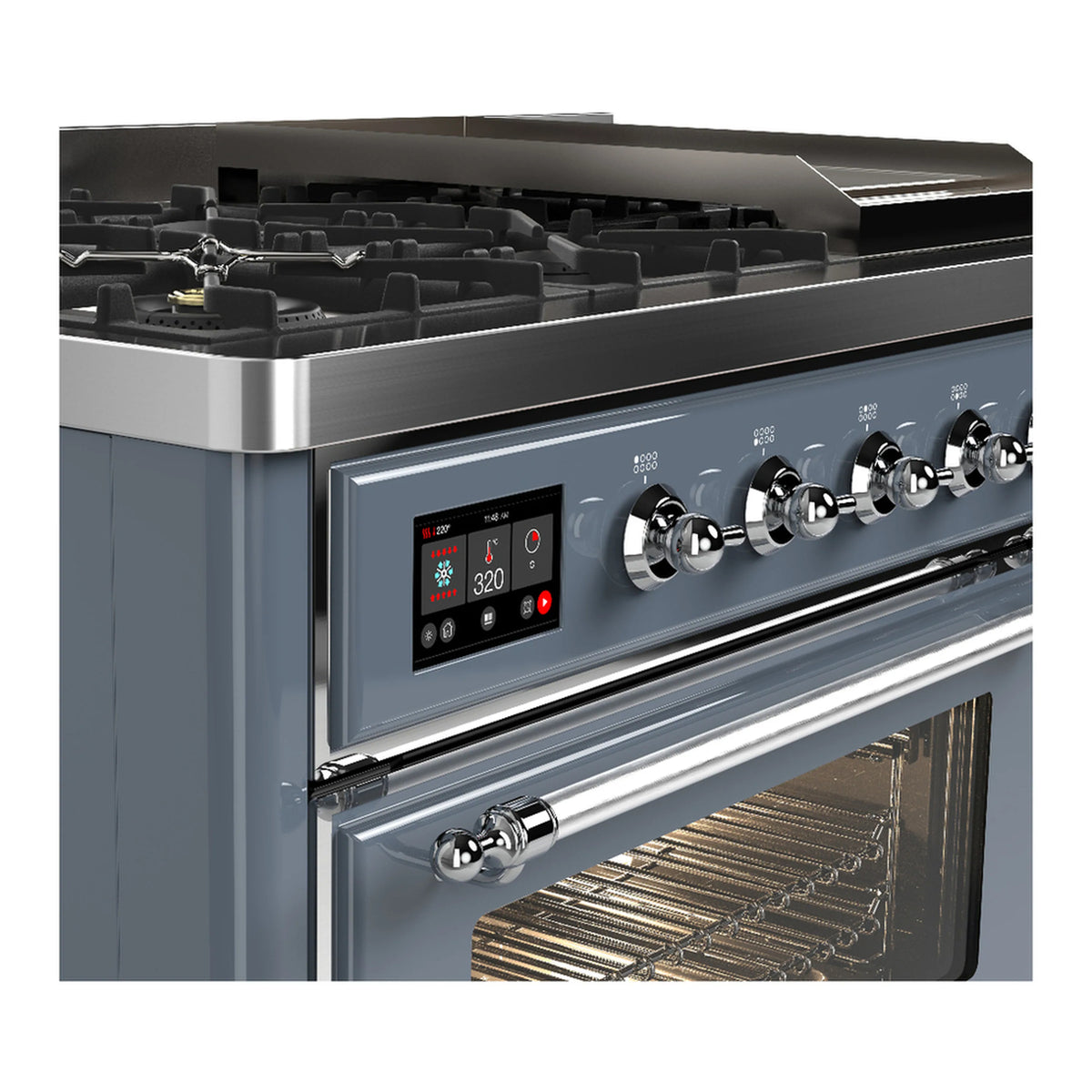 Blue grey dual fuel range close-up: chrome knobs and oven door handle