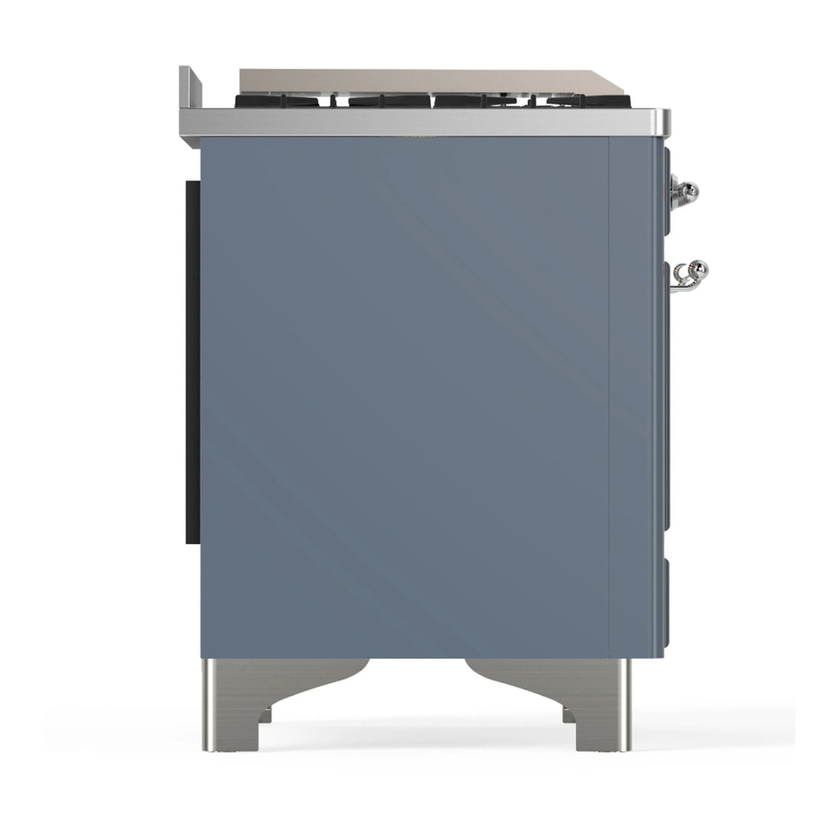 Blue grey dual fuel range side panel with chrome legs