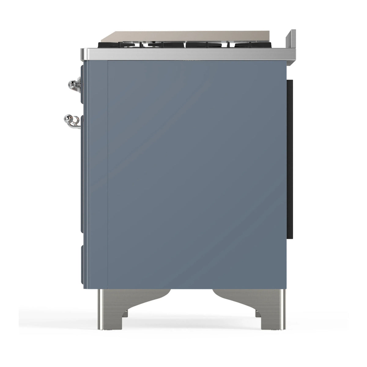 Blue grey dual fuel range rear side panel with chrome trim and legs