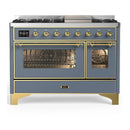 ILVE Majestic III 48-inch Dual Fuel Range with 5 Liquid Propane Burner, Griddle and Triple Glass Door Electric Oven in Blue Grey with Brass Trim (UM48FNR3BGGLP)