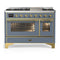 ILVE Majestic III 48-inch Dual Fuel Range with 5 Liquid Propane Burner, Griddle and Triple Glass Door Electric Oven in Blue Grey with Brass Trim (UM48FNR3BGGLP)
