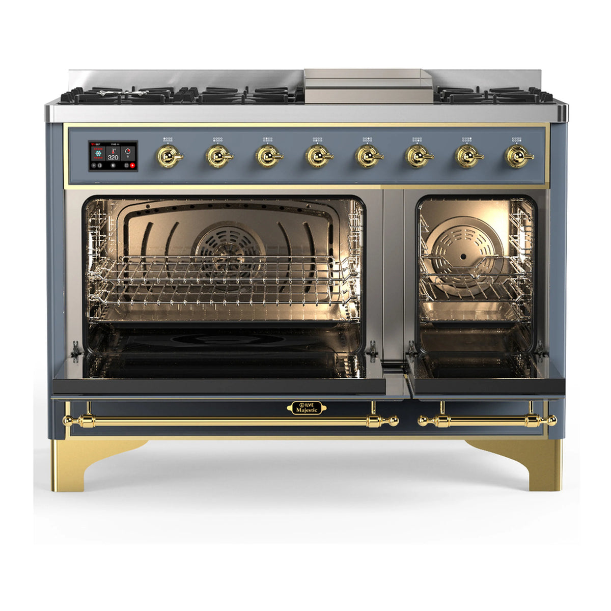 ILVE blue-grey dual fuel range with both oven interiors visible and brass trim