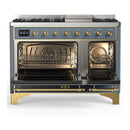ILVE Majestic III 48-inch Dual Fuel Range with 5 Liquid Propane Burner, Griddle and Triple Glass Door Electric Oven in Blue Grey with Brass Trim (UM48FNR3BGGLP)