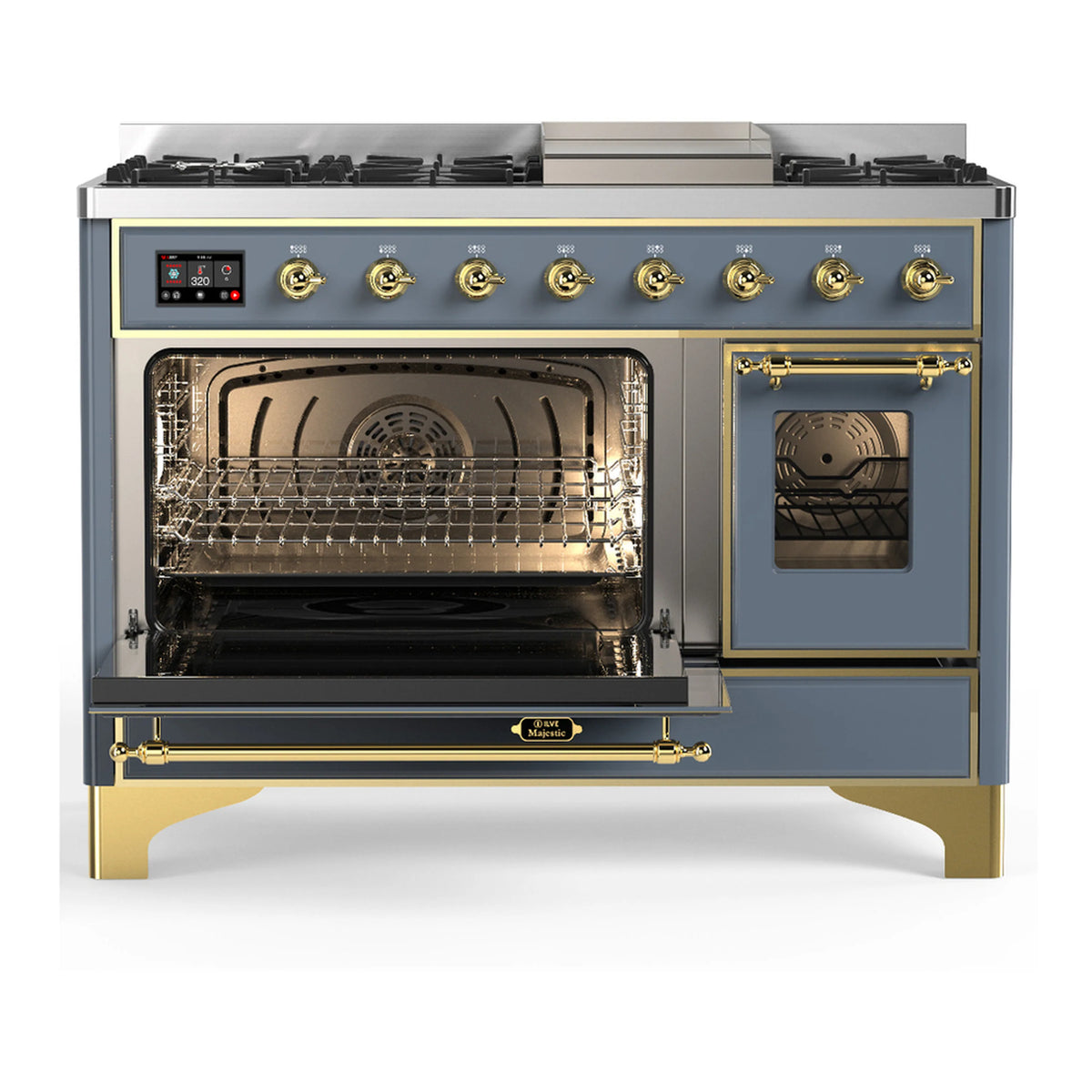 ILVE blue-grey dual fuel range with open electric oven doors and brass trim