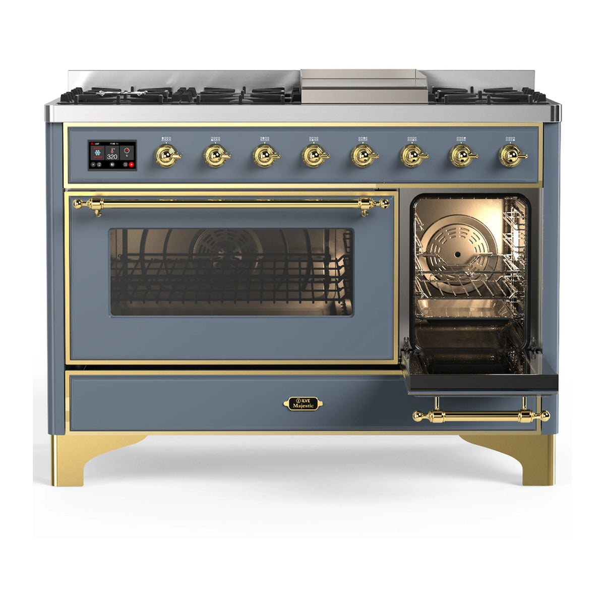 ILVE blue-grey dual fuel range with oven window and open right oven door