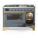 ILVE Majestic III 48-inch Dual Fuel Range with 5 Liquid Propane Burner, Griddle and Triple Glass Door Electric Oven in Blue Grey with Brass Trim (UM48FNR3BGGLP)