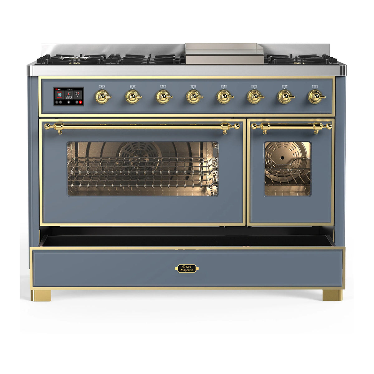 ILVE blue-grey dual fuel range with both oven doors open and brass handle trim