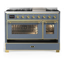 ILVE Majestic III 48-inch Dual Fuel Range with 5 Liquid Propane Burner, Griddle and Triple Glass Door Electric Oven in Blue Grey with Brass Trim (UM48FNR3BGGLP)