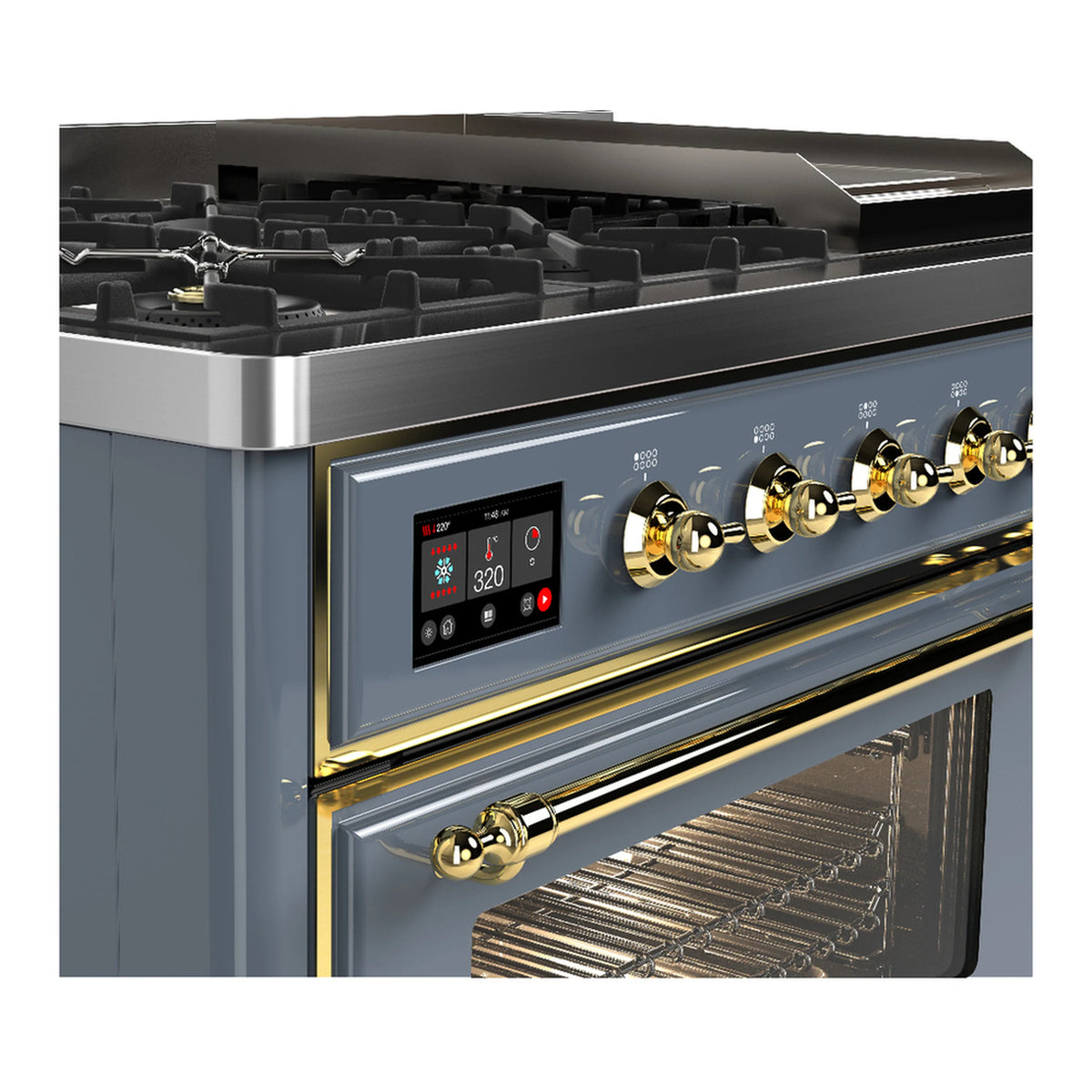 ILVE blue-grey range control panel with brass knobs and digital temperature display