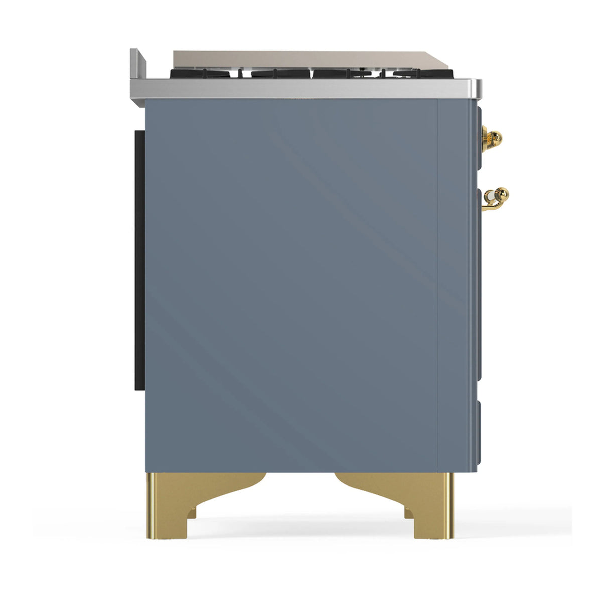 ILVE blue-grey range back side with rear vents and brass fittings