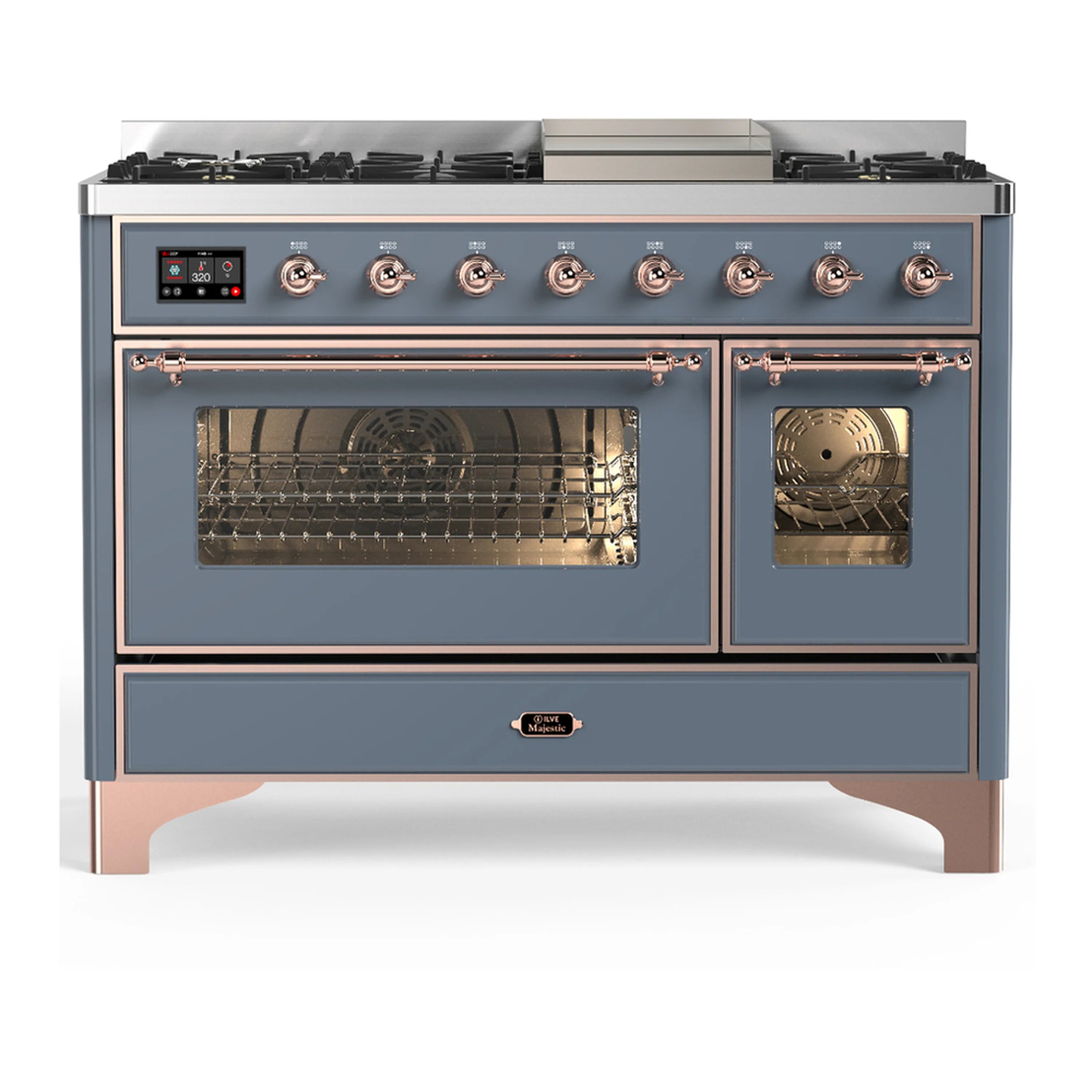Blue grey dual fuel range with copper trim, left oven door open and right door open