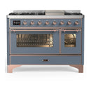 ILVE Majestic III 48-inch Dual Fuel Range with 5 Natural Gas Burner, Griddle and Triple Glass Door Electric Oven in Blue Grey with Copper Trim (UM48FNR3BGP)