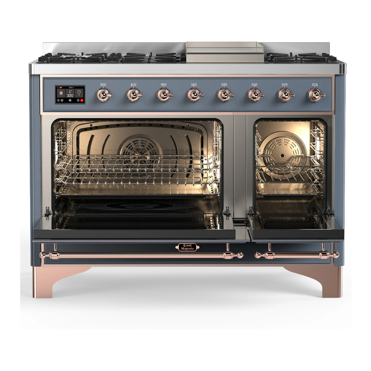 Blue grey dual fuel range with copper trim, open triple-glass oven doors and back burners