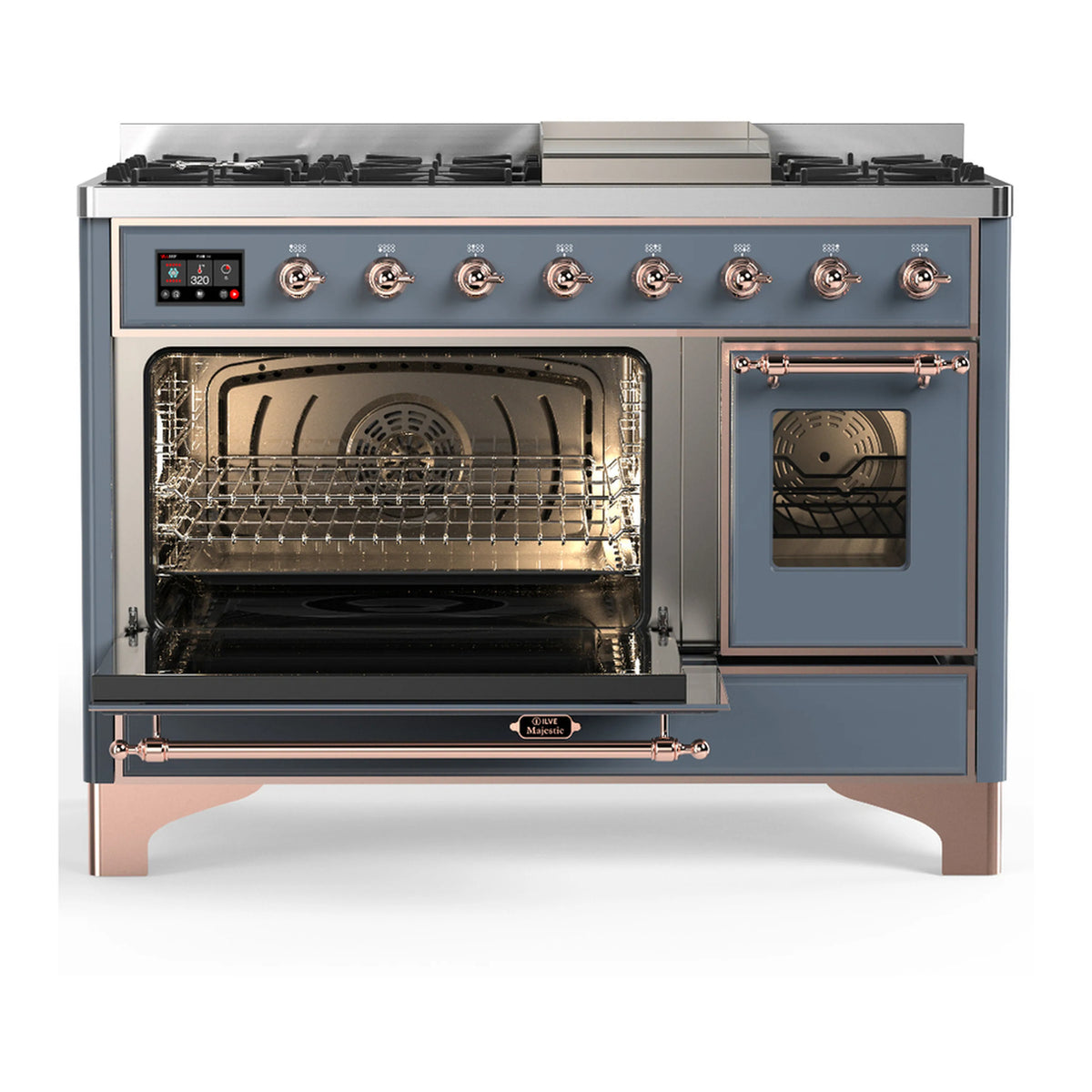 Blue grey dual fuel range with copper trim, open oven door and broiler-style burner controls