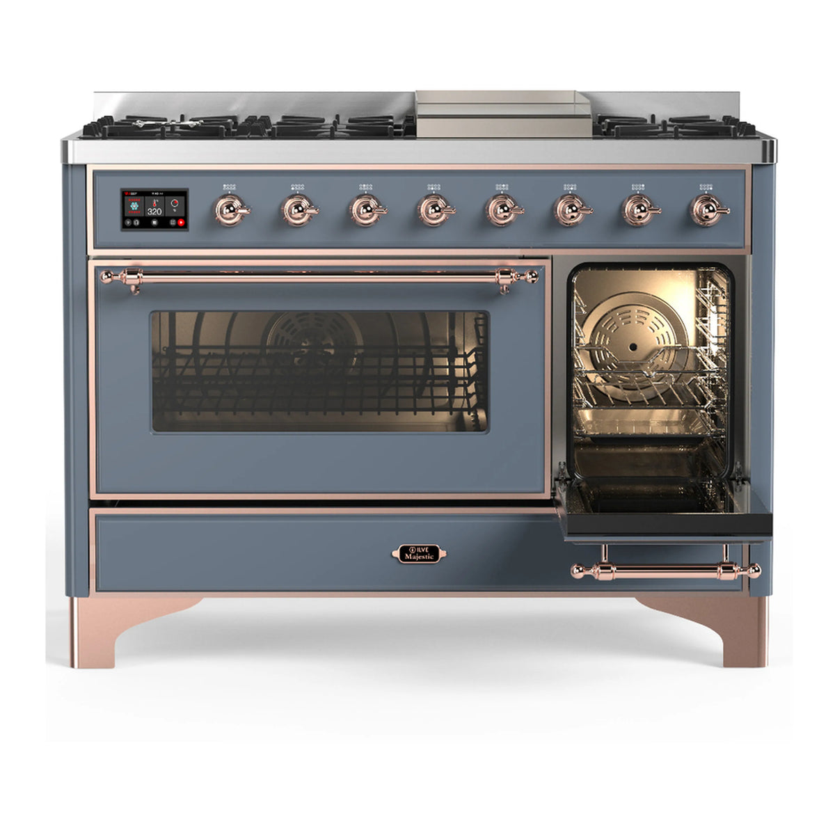 Blue grey dual fuel range with copper trim, one oven door open with visible interior rack