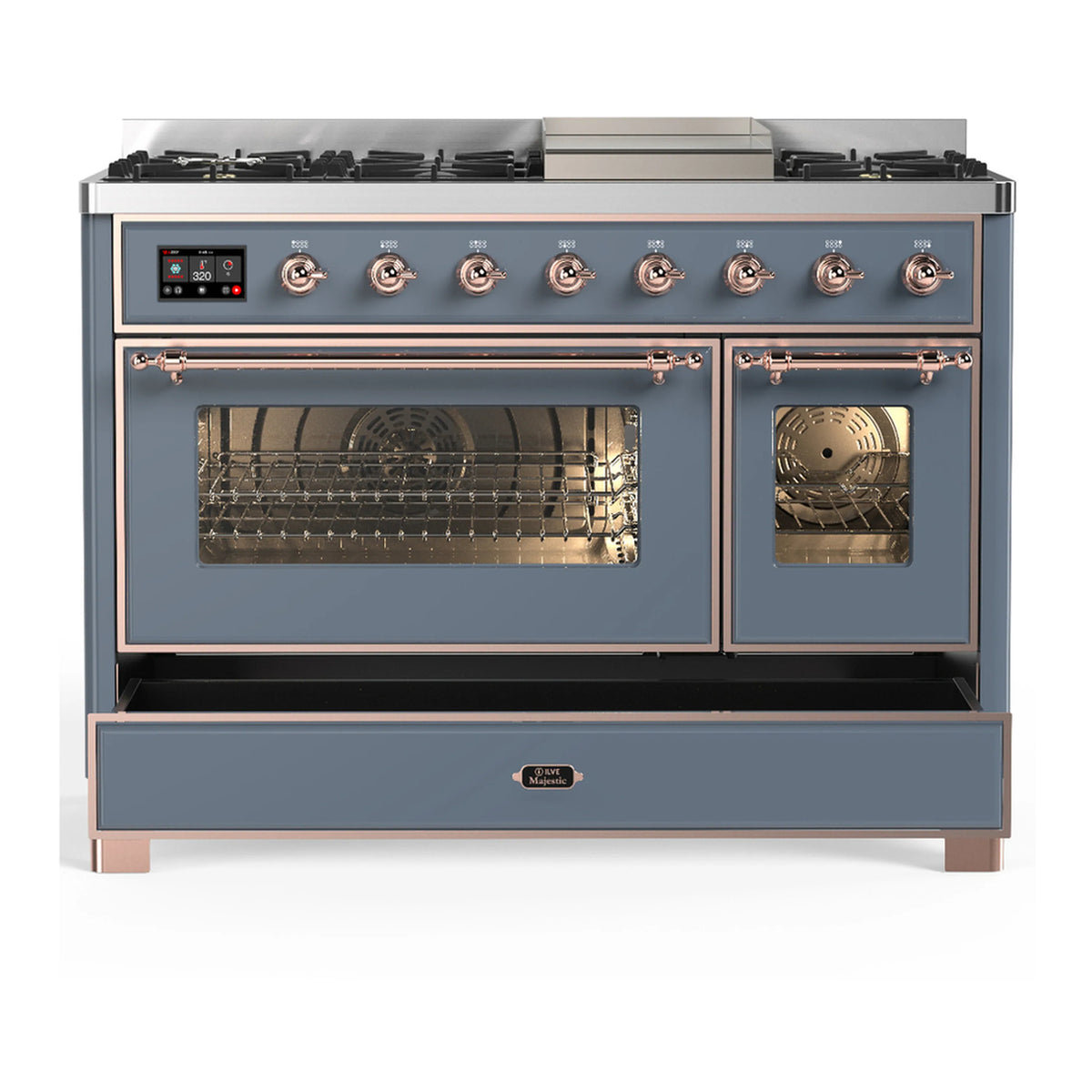 Blue grey dual fuel range with copper trim, both oven doors closed and visible control knobs
