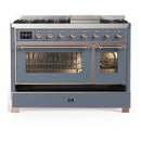 ILVE Majestic III 48-inch Dual Fuel Range with 5 Natural Gas Burner, Griddle and Triple Glass Door Electric Oven in Blue Grey with Copper Trim (UM48FNR3BGP)