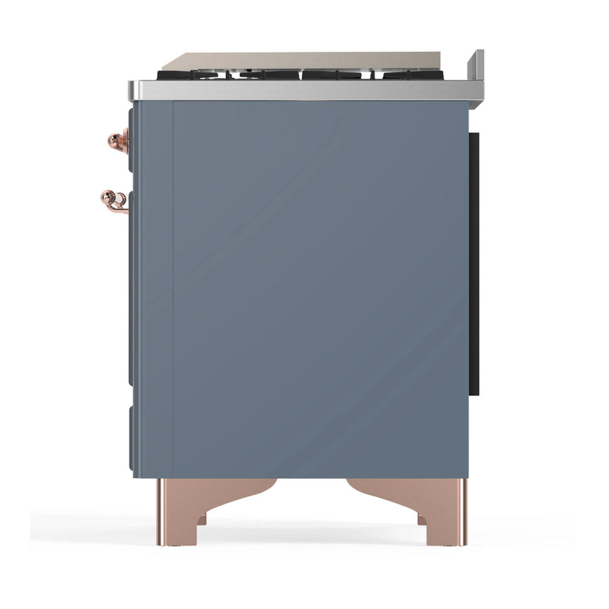 Blue grey dual fuel range rear corner view with copper trim and side burner housing