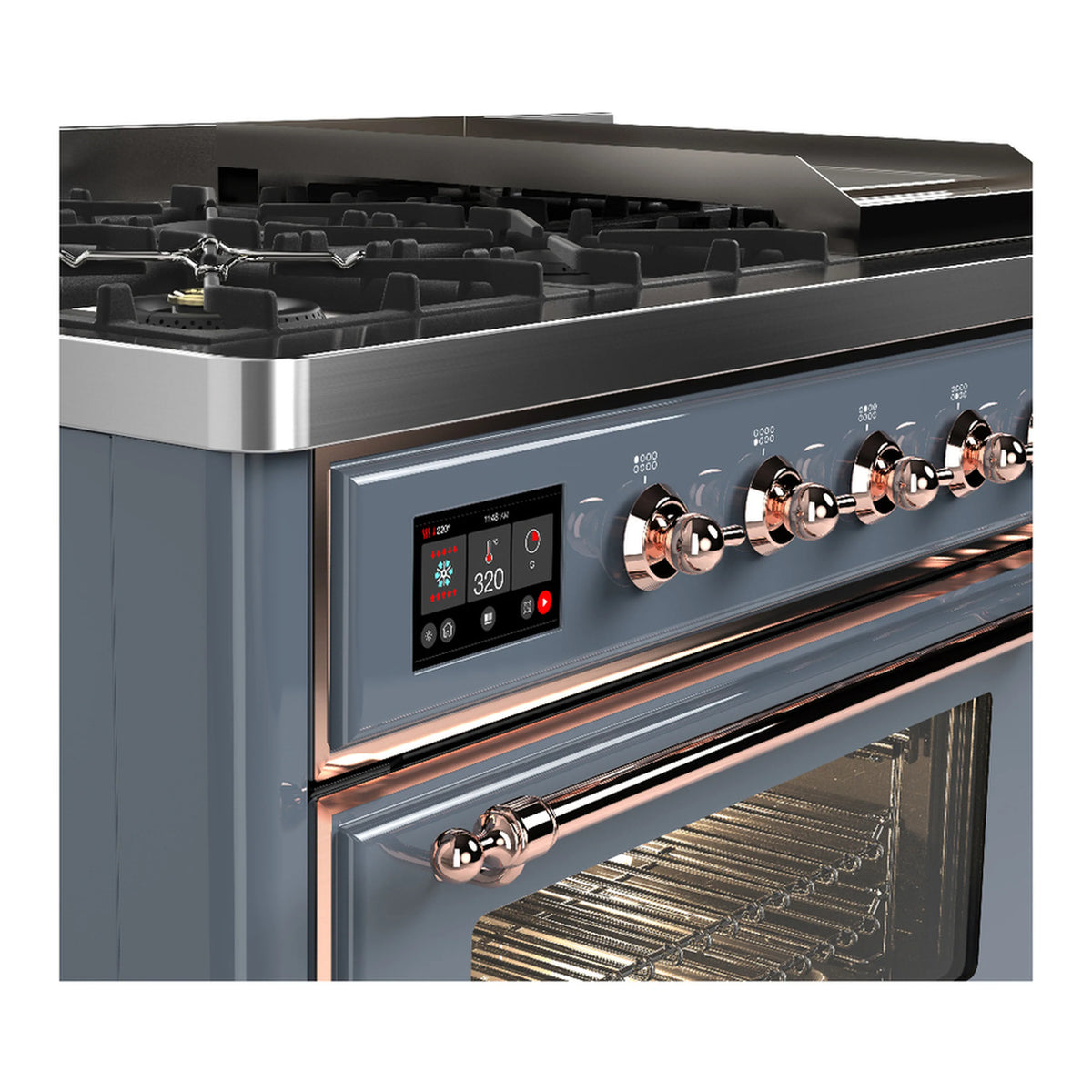 Blue grey dual fuel range control panel with copper knobs and open oven with racks
