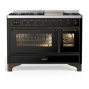 ILVE Majestic III 48-inch Dual Fuel Range with 5 Natural Gas Burner, Griddle and Triple Glass Door Electric Oven in Glossy Black with Burnished Trim (UM48FNR3BKB)