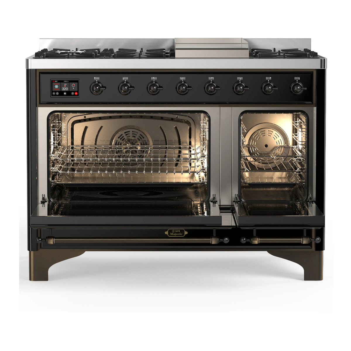 Glossy black dual fuel range with open double oven doors and visible racks, stainless knobs.