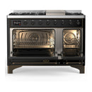 ILVE Majestic III 48-inch Dual Fuel Range with 5 Natural Gas Burner, Griddle and Triple Glass Door Electric Oven in Glossy Black with Burnished Trim (UM48FNR3BKB)