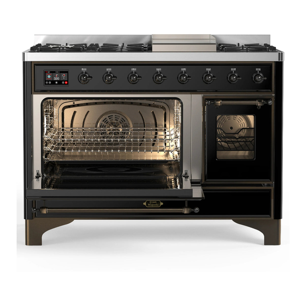 Glossy black dual fuel range with oven interior racks and burner controls across the front panel.