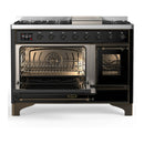 ILVE Majestic III 48-inch Dual Fuel Range with 5 Natural Gas Burner, Griddle and Triple Glass Door Electric Oven in Glossy Black with Burnished Trim (UM48FNR3BKB)