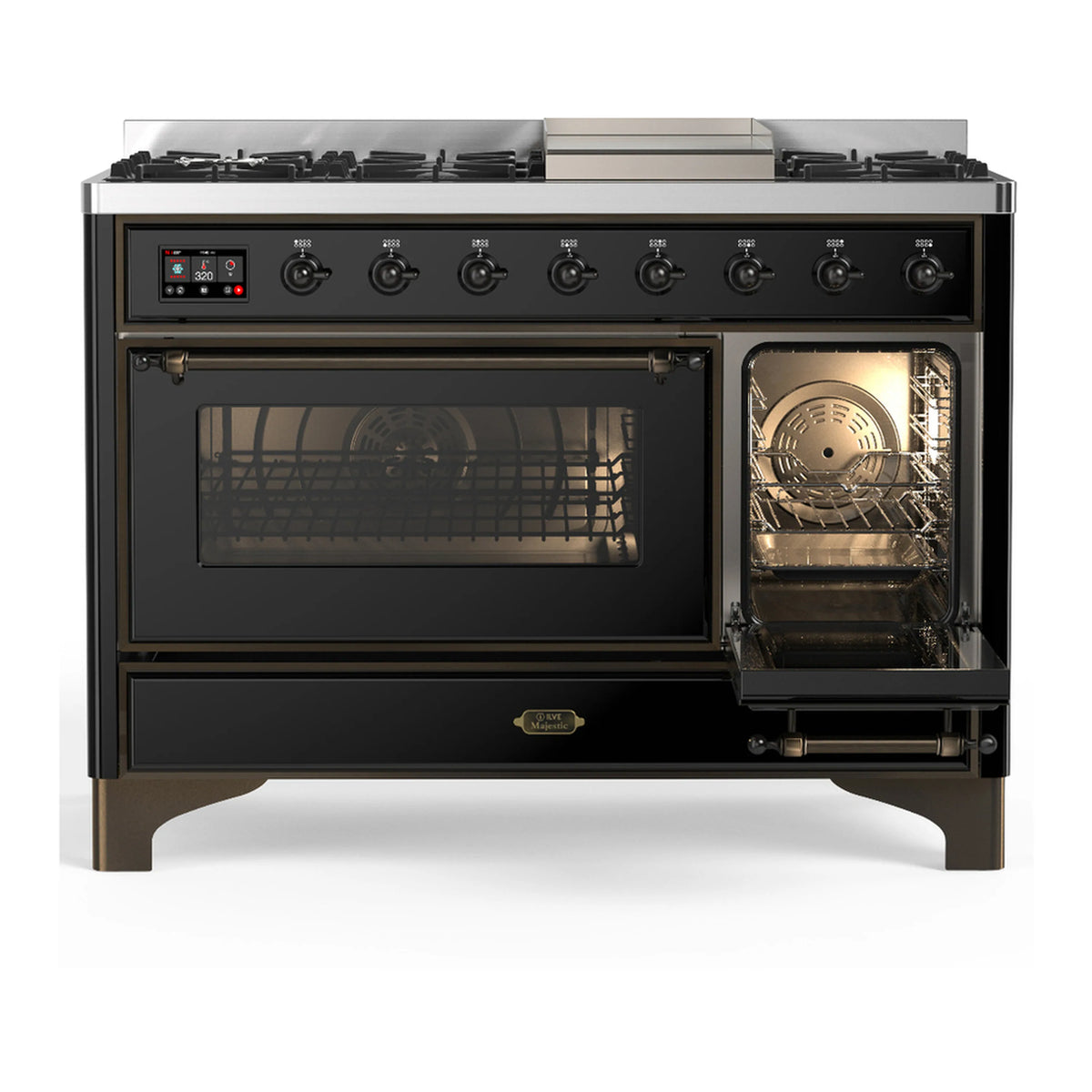 Glossy black dual fuel range showing large oven window and right oven door with interior light.