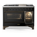 ILVE Majestic III 48-inch Dual Fuel Range with 5 Natural Gas Burner, Griddle and Triple Glass Door Electric Oven in Glossy Black with Burnished Trim (UM48FNR3BKB)