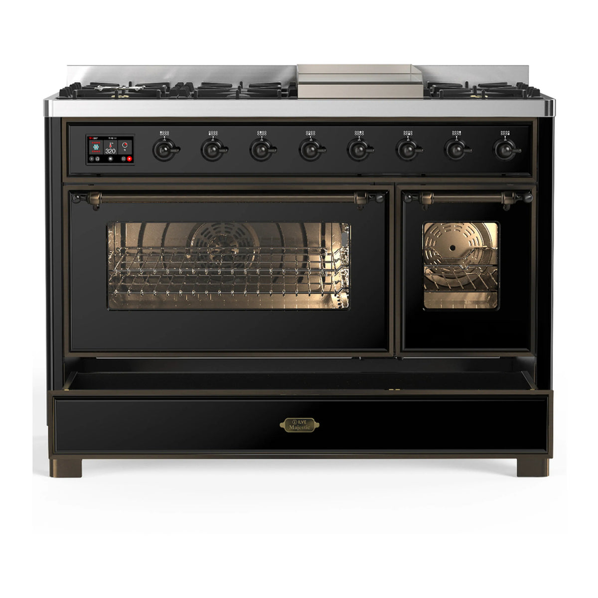 Glossy black dual fuel range with closed glass oven doors and stainless trim around the openings.