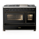 ILVE Majestic III 48-inch Dual Fuel Range with 5 Natural Gas Burner, Griddle and Triple Glass Door Electric Oven in Glossy Black with Burnished Trim (UM48FNR3BKB)