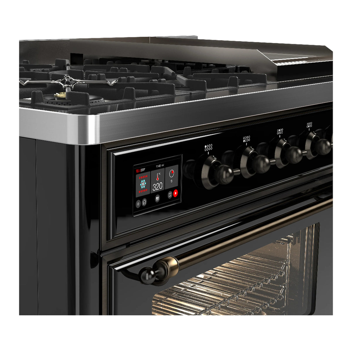 Close-up of dual fuel range control panel with knobs and digital display, plus open oven door.