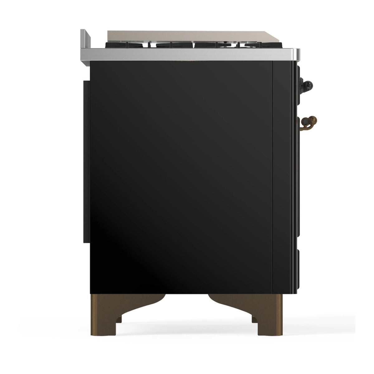Back view of glossy black dual fuel range with stainless trim and brass-colored rear fittings.