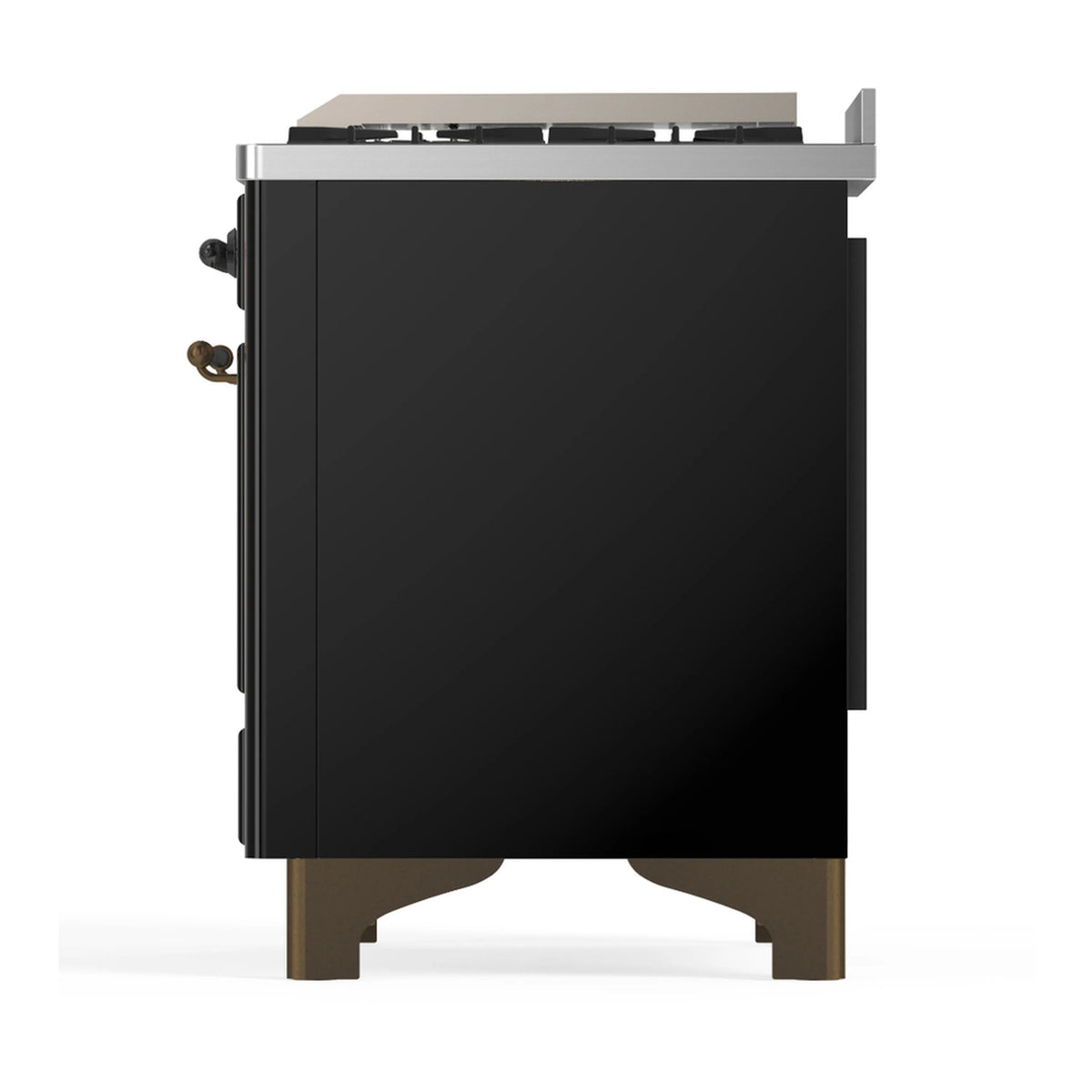 Side view of glossy black dual fuel range with brushed trim feet and rear hardware.