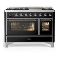 ILVE Majestic III 48-inch Dual Fuel Range with 5 Natural Gas Burner, Griddle and Triple Glass Door Electric Oven in Glossy Black with Chrome Trim (UM48FNR3BKC)