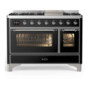 ILVE Majestic III 48-inch Dual Fuel Range with 5 Liquid Propane Burner, Griddle and Triple Glass Door Electric Oven in Glossy Black with Chrome Trim (UM48FNR3BKCLP)