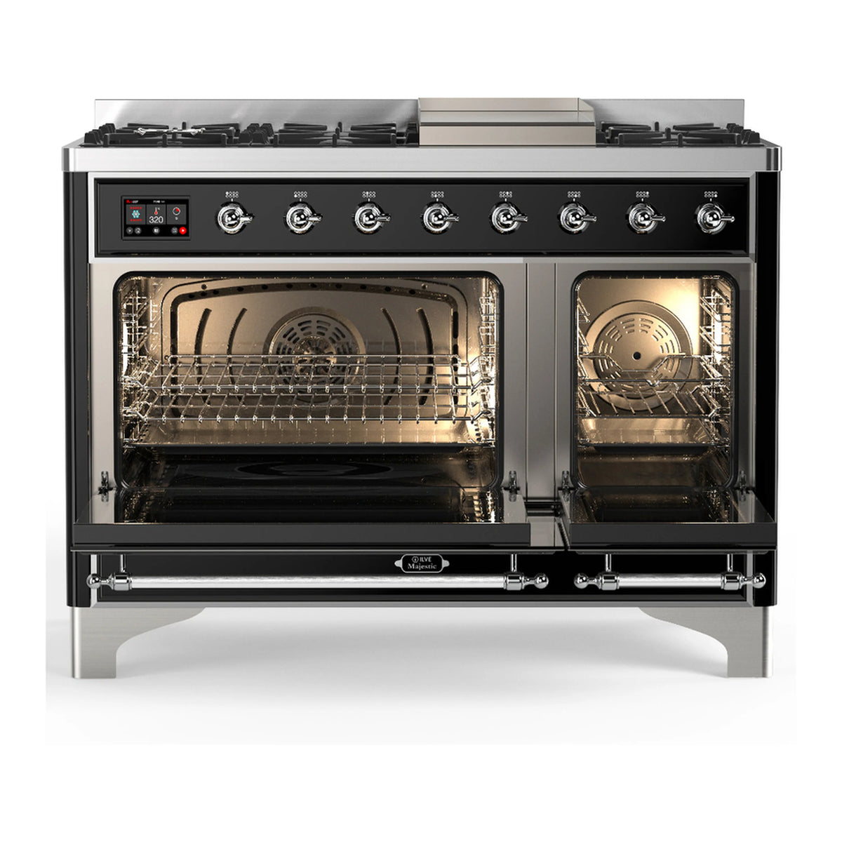 Dual fuel range oven with open doors, visible racks, glossy black front and chrome trim