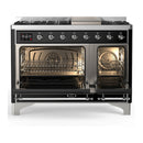 ILVE Majestic III 48-inch Dual Fuel Range with 5 Liquid Propane Burner, Griddle and Triple Glass Door Electric Oven in Glossy Black with Chrome Trim (UM48FNR3BKCLP)