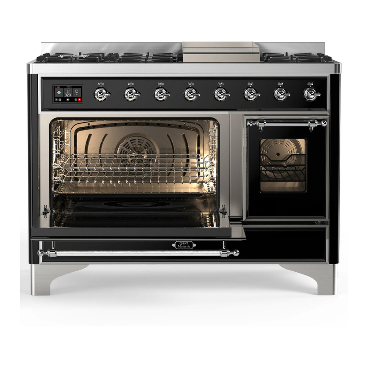 Dual fuel range oven with open main door and viewing window, racks inside, glossy black