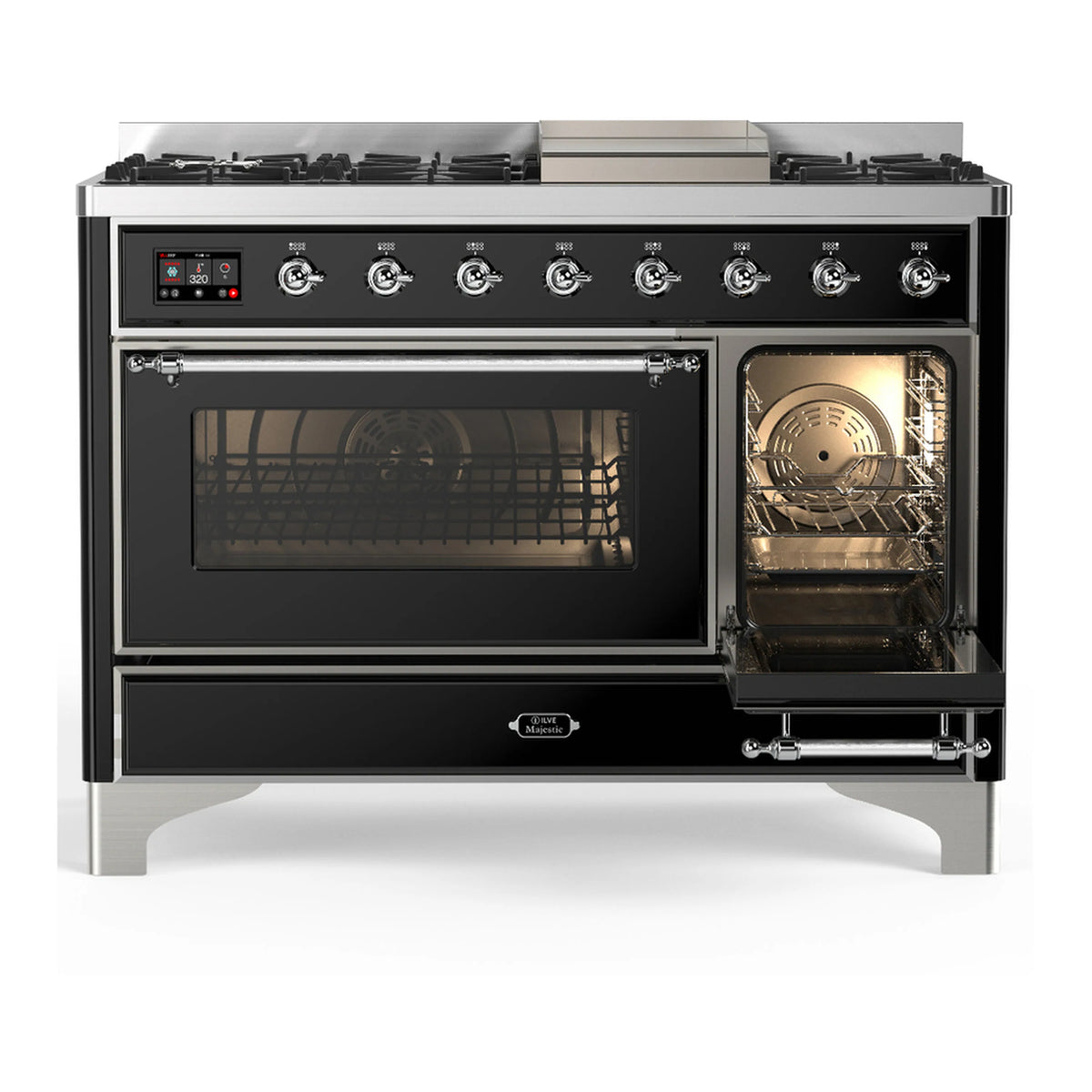 Dual fuel range oven with wide glass door open, interior racks visible, glossy black
