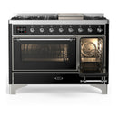ILVE Majestic III 48-inch Dual Fuel Range with 5 Liquid Propane Burner, Griddle and Triple Glass Door Electric Oven in Glossy Black with Chrome Trim (UM48FNR3BKCLP)
