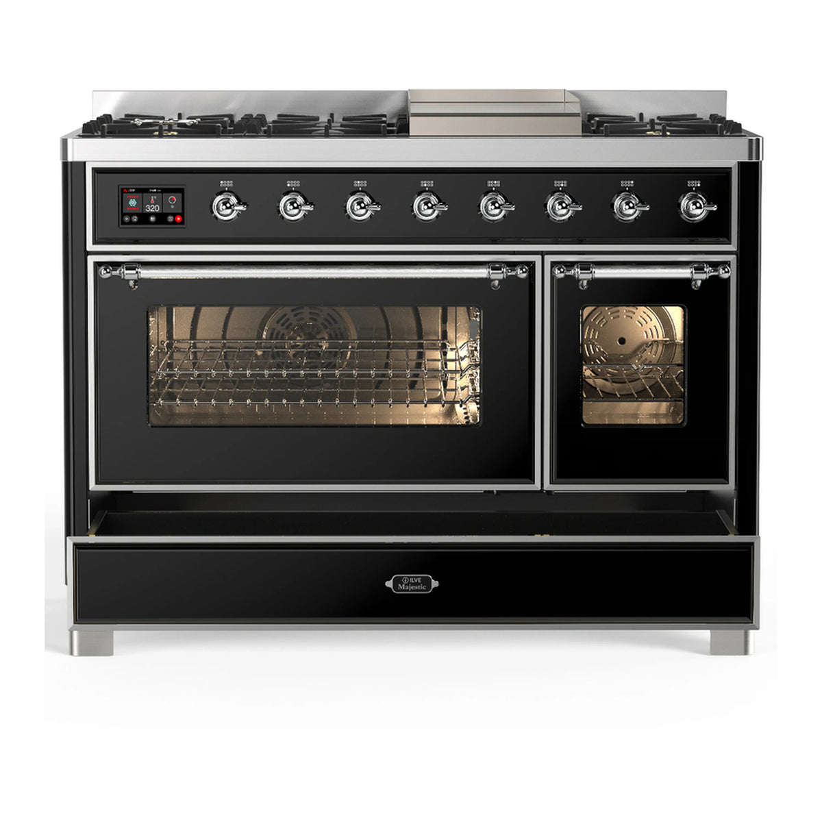 Dual fuel range with two oven doors open, chrome handles, glossy black finish
