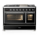 ILVE Majestic III 48-inch Dual Fuel Range with 5 Liquid Propane Burner, Griddle and Triple Glass Door Electric Oven in Glossy Black with Chrome Trim (UM48FNR3BKCLP)