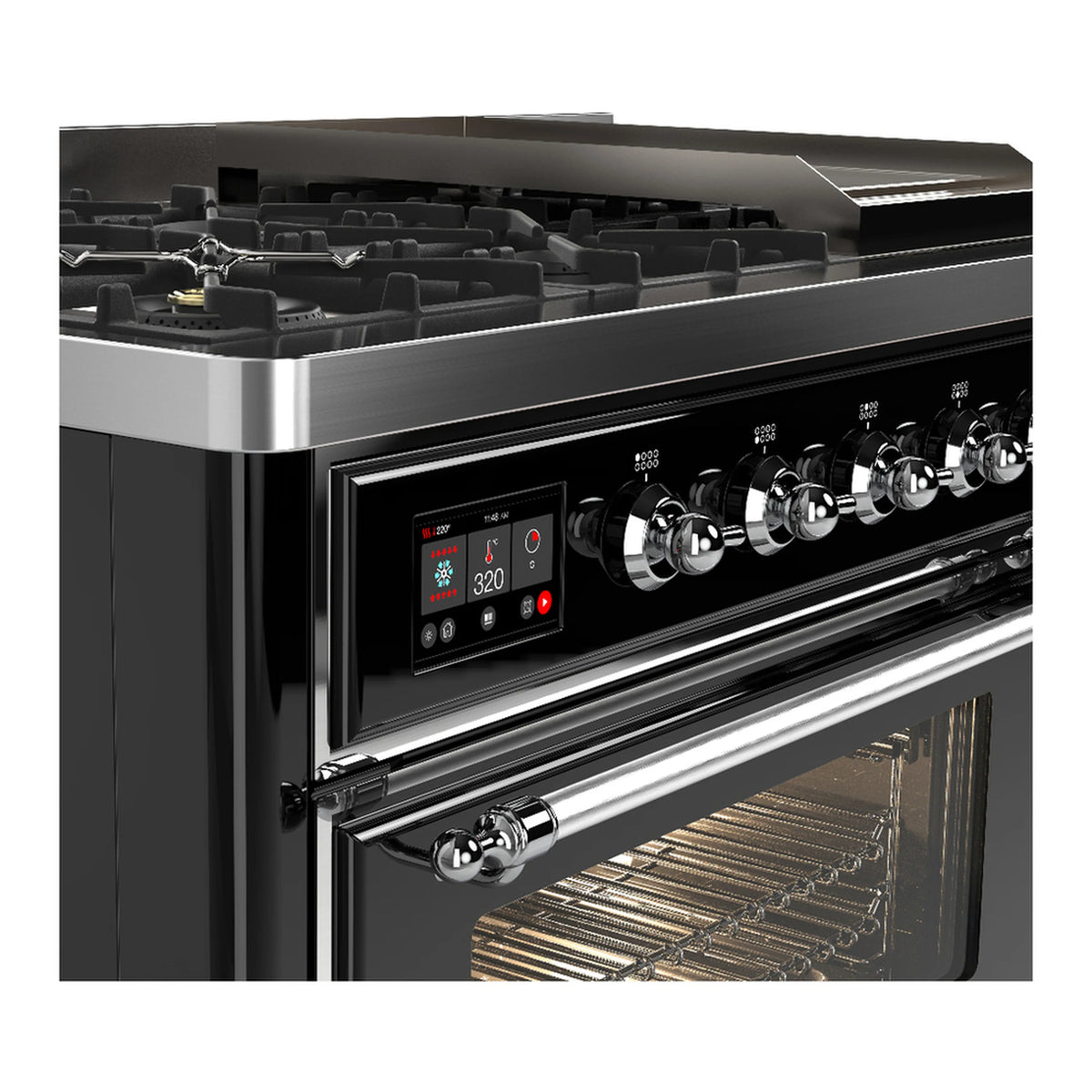 Dual fuel range front control knobs and oven handle on glossy black with chrome accents