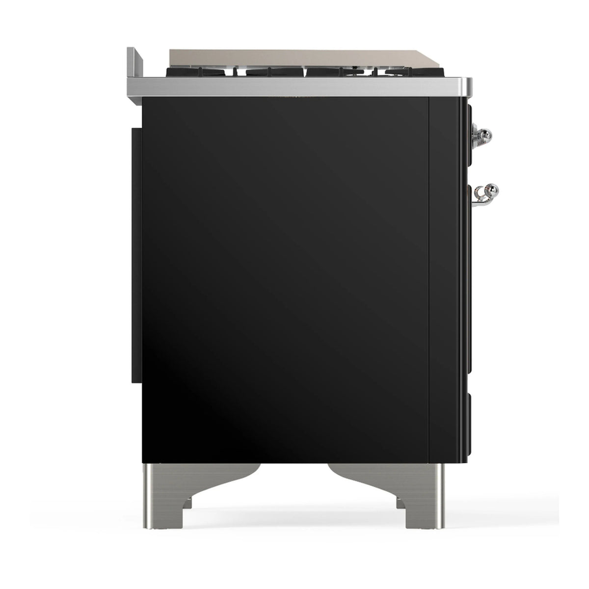Glossy black range exterior with chrome side trim and control knobs, front view