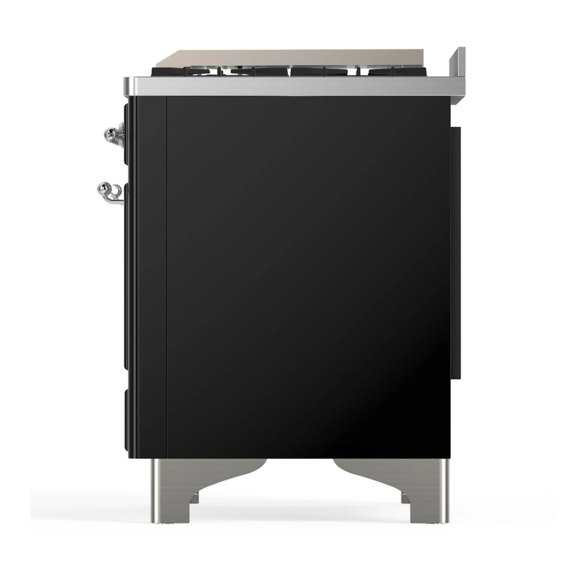 Glossy black range exterior with chrome side handles and base stand, angled view
